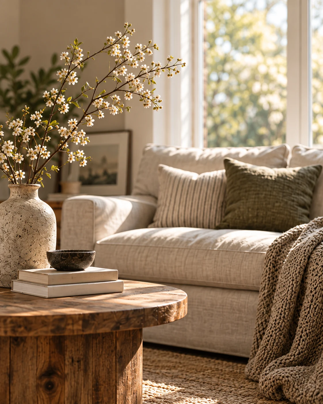 Sunlight falls across a linen sofa and a vase of spring branches.
